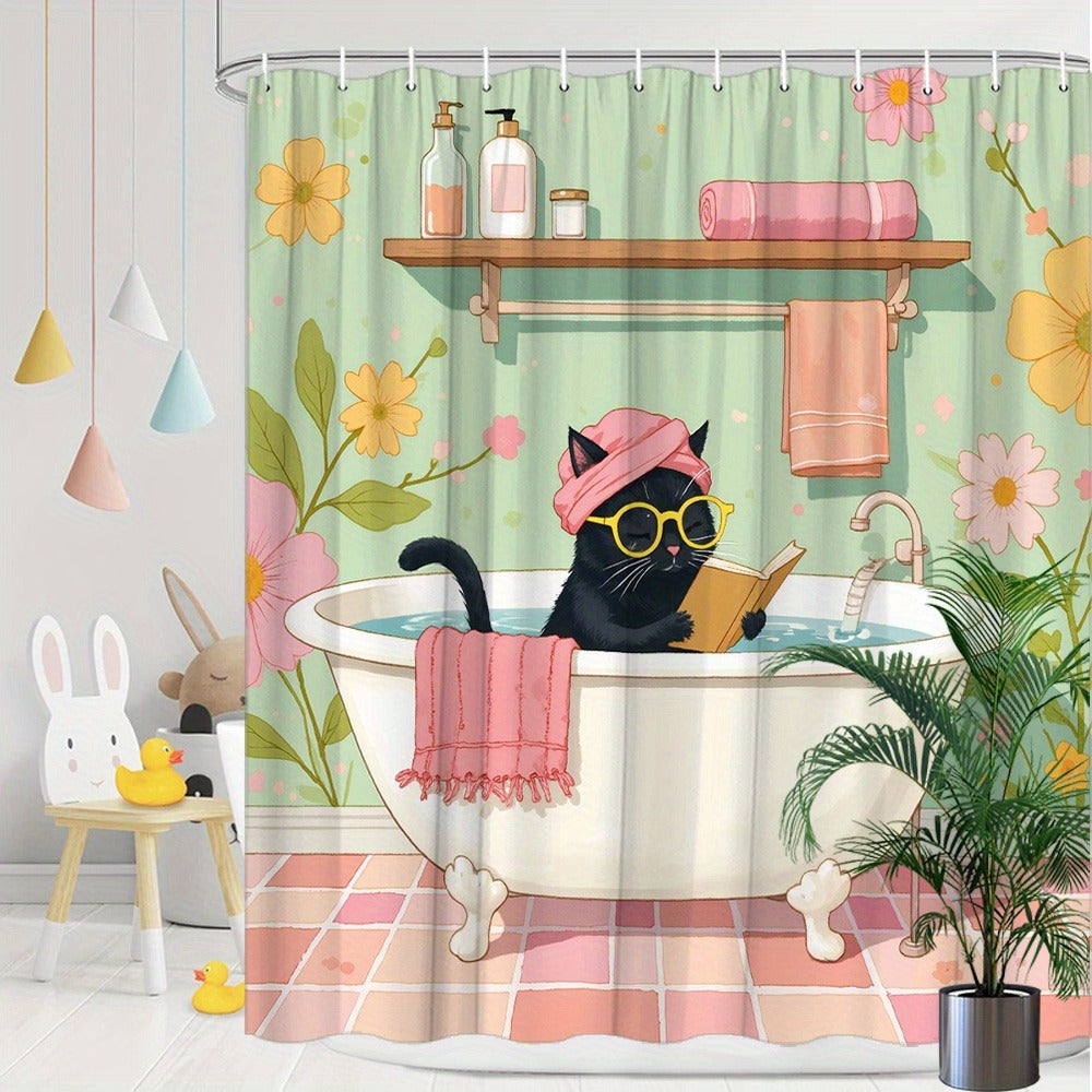 Vintage Floral Cat Shower Curtain with Hooks