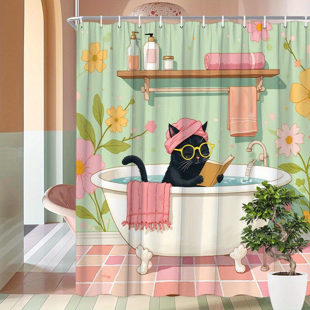Vintage Floral Cat Shower Curtain with Hooks