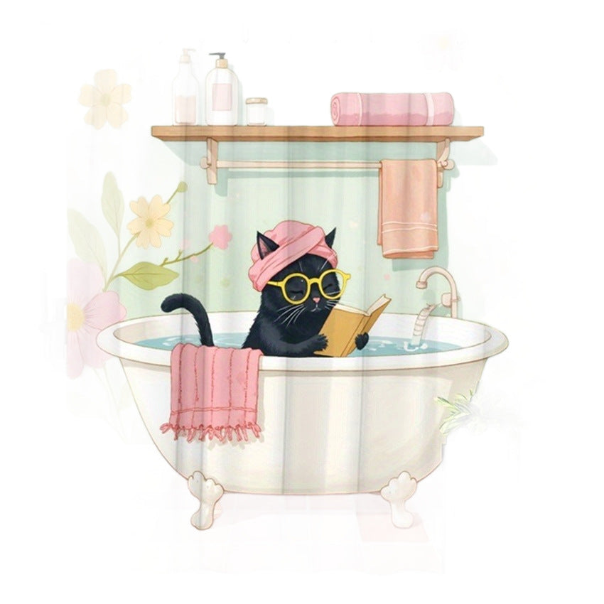 Vintage Floral Cat Shower Curtain with Hooks
