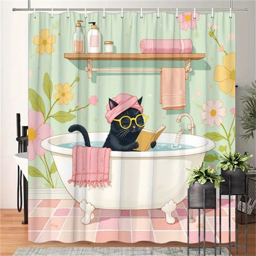 Vintage Floral Cat Shower Curtain with Hooks