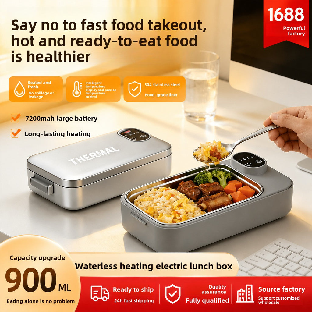 New Model of Water-Free Heating Lunch Box, USB Charging Portable Insulated Lunch Box, 304 Stainless Steel Electric Heating Lunch Box