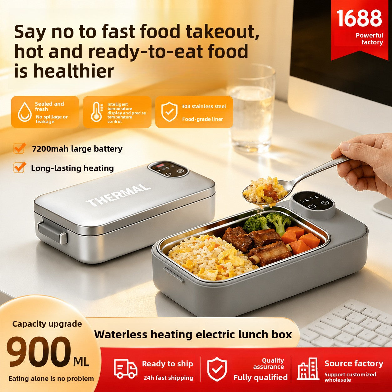 New Model of Water-Free Heating Lunch Box, USB Charging Portable Insulated Lunch Box, 304 Stainless Steel Electric Heating Lunch Box