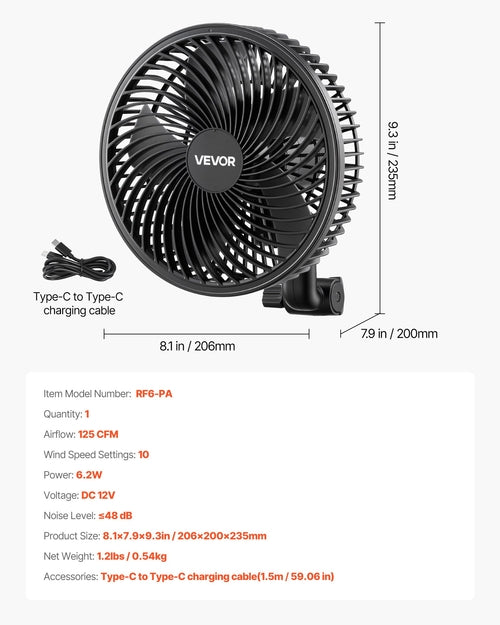 Plant Fan, Grow Tent Clip On Fan Rechargeable, Type-C Port with 9