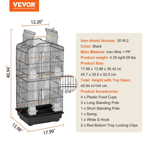 41-inch Open Top Large Parrot Bird Cage, Hanging Bird Cage for